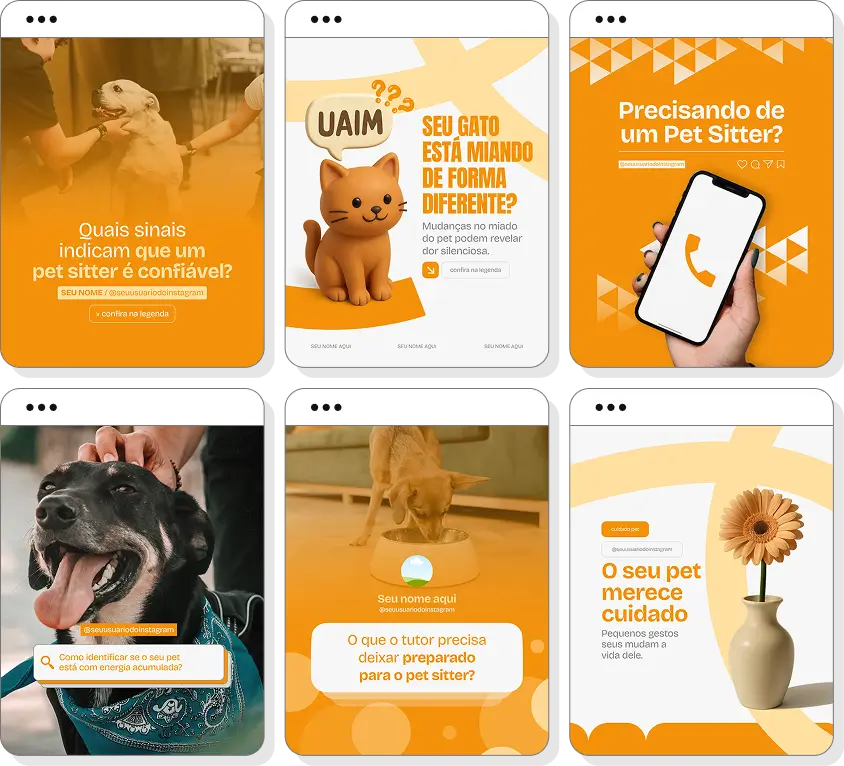 Pack de posts para Instagram pet sitter com artes editáveis sobre animais de estimação e bem-estar