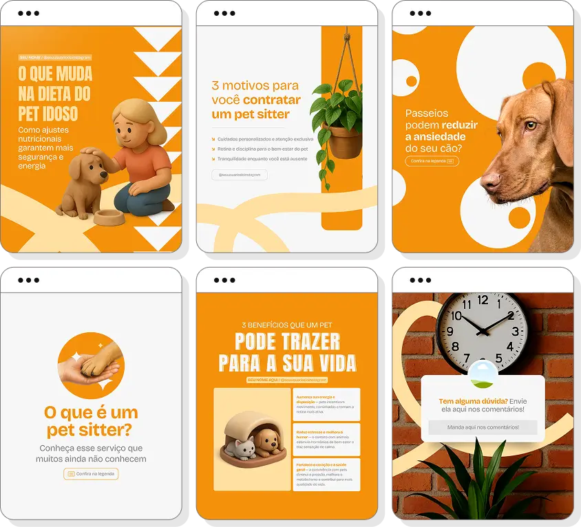 Pack social media pet sitter com conteúdos para Instagram de cuidados pet e acompanhamento animal