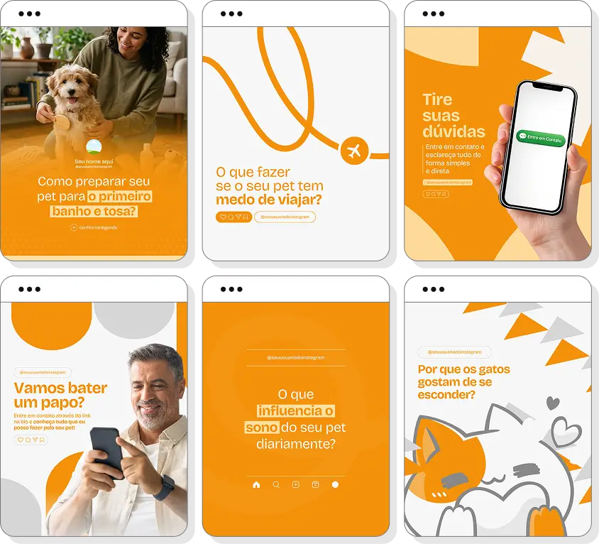 Pack de posts editáveis pet sitter com Instagram de cuidados diários e atenção aos animais