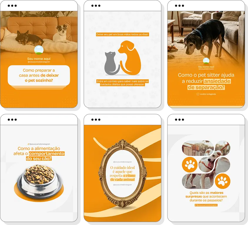 Pack Canva pet sitter com posts para Instagram de cuidados com cães e gatos em casa