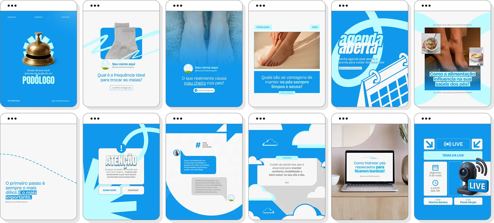 Pack de podologia com conteúdos editáveis para Instagram de podólogo e saúde dos pés