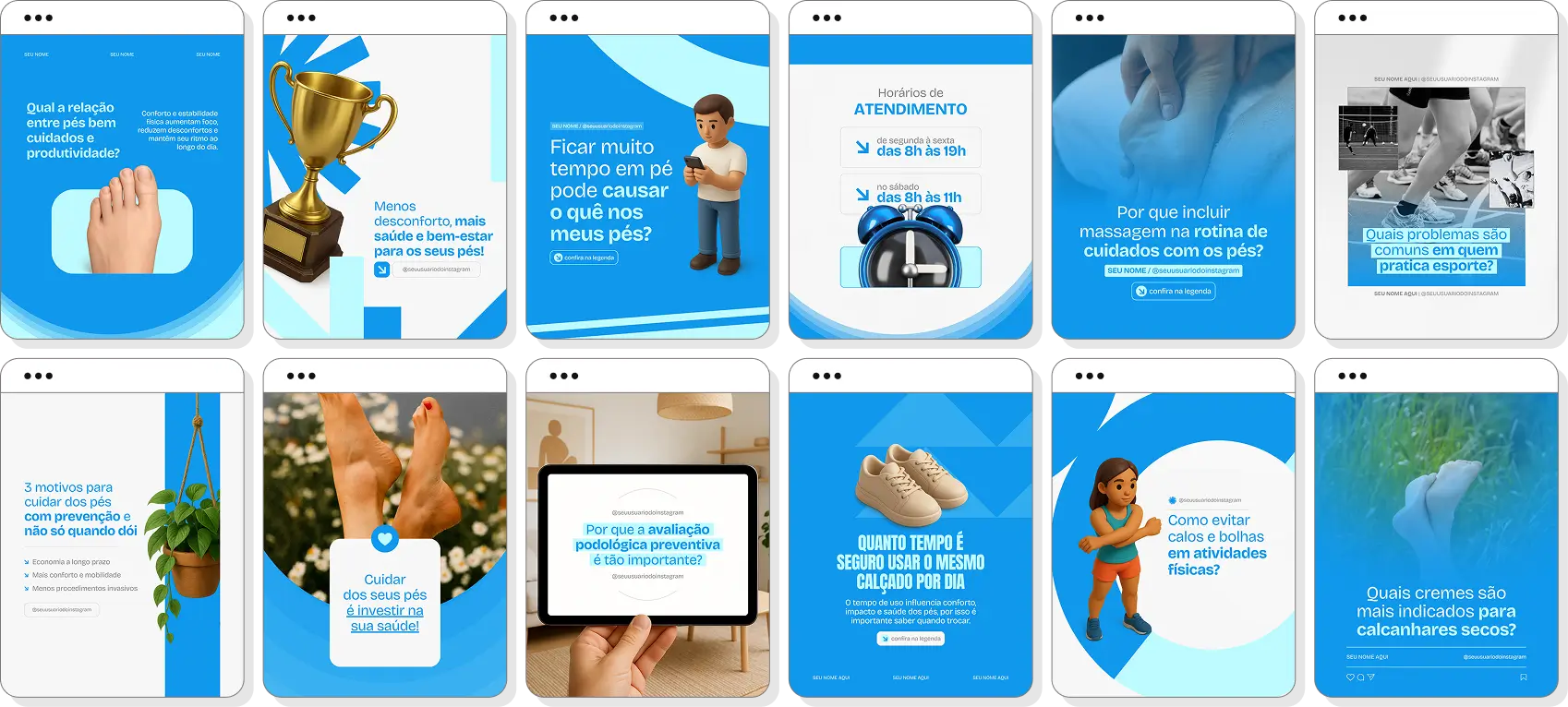 Posts para Instagram podologia com pack de templates Canva para clínicas e consultórios de podologia