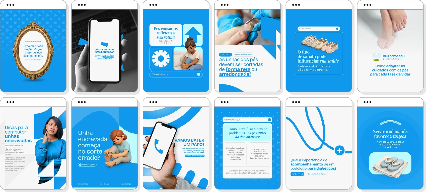 Pack de posts para podologia com ideias de conteúdo para Instagram de pés saudáveis e prevenção