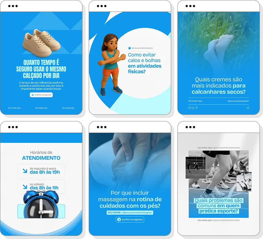 Pack de posts para Instagram podologia com artes editáveis sobre podologia e cuidados podológicos