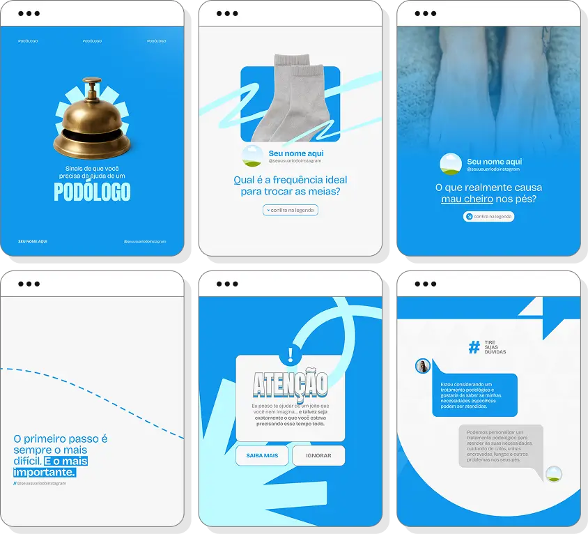 Pack social media podologia com conteúdos para Instagram de saúde dos pés e prevenção