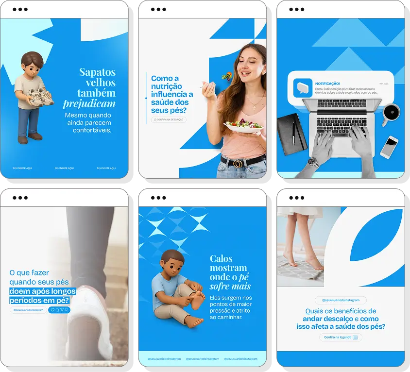 Pack de posts editáveis podologia com Instagram de cuidados podológicos e prevenção de lesões