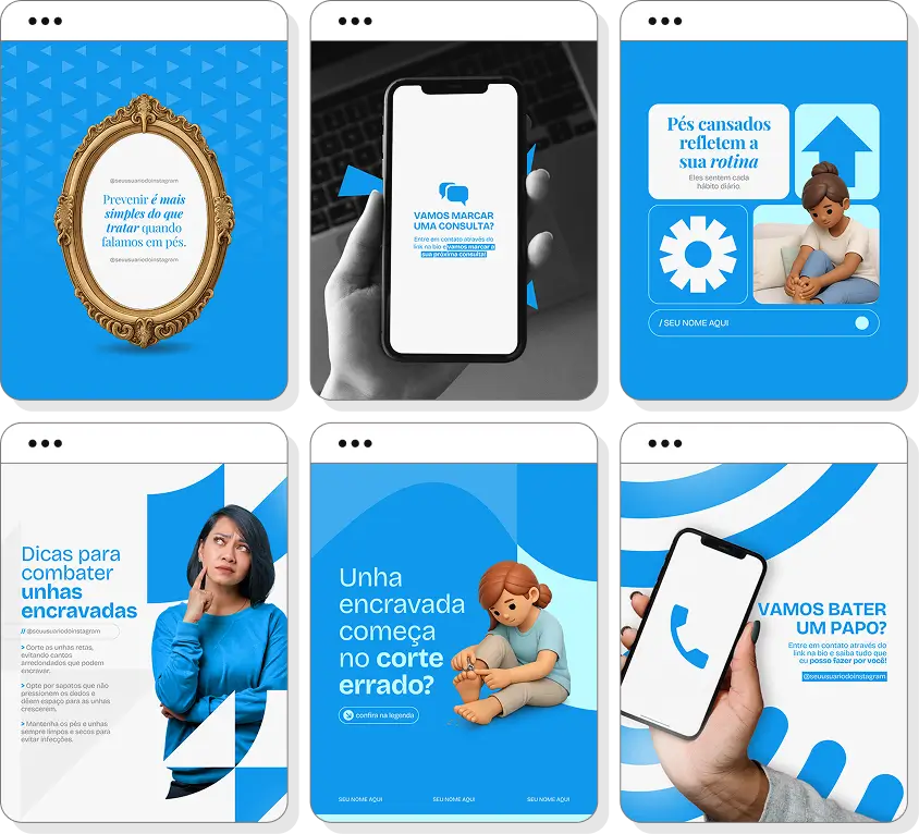Pack Canva podologia com posts para Instagram de unhas, pés saudáveis e cuidados especializados
