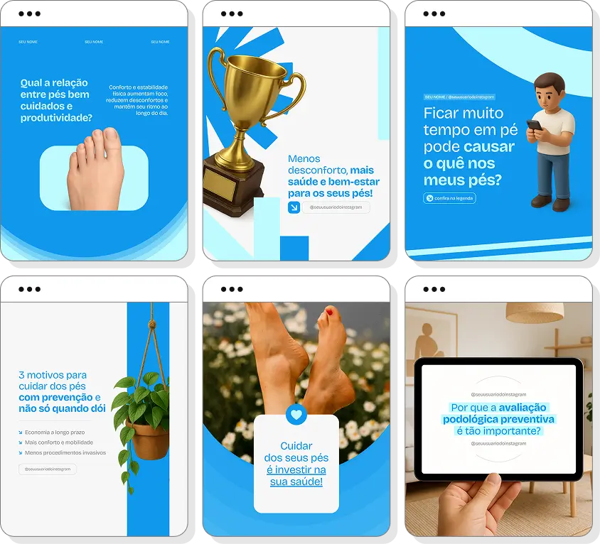 Ideias de post para podologia com pack de conteúdo para Instagram sobre saúde dos pés