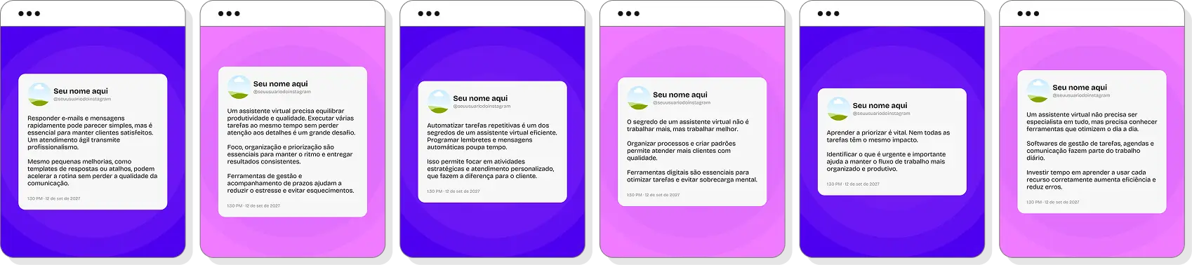 Pack de posts para assistente virtual com ideias de conteúdo para Instagram de produtividade diária