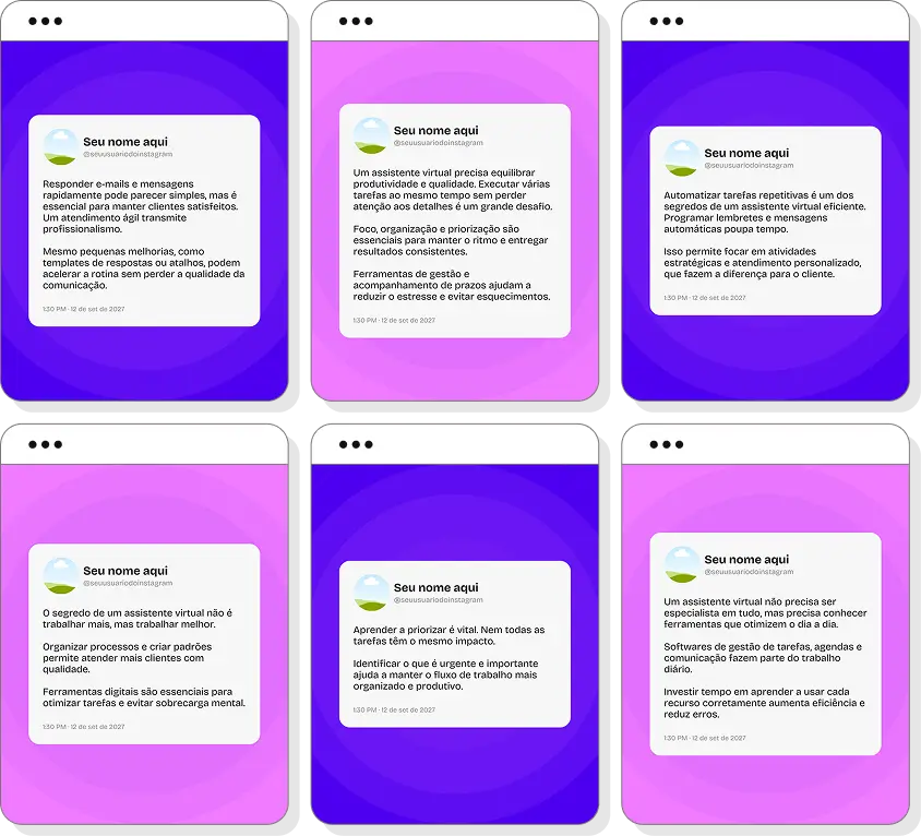 Pack social media assistente virtual com templates para Instagram de organização e gestão administrativa
