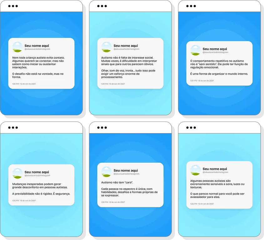 Pack de posts editáveis para Instagram autismo com foco em acolhimento e desenvolvimento