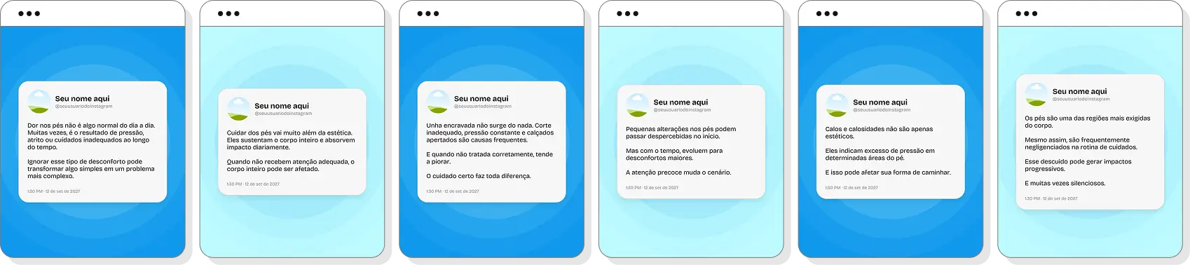 Posts para podologia com pack de conteúdo editável no Canva para Instagram de podólogo