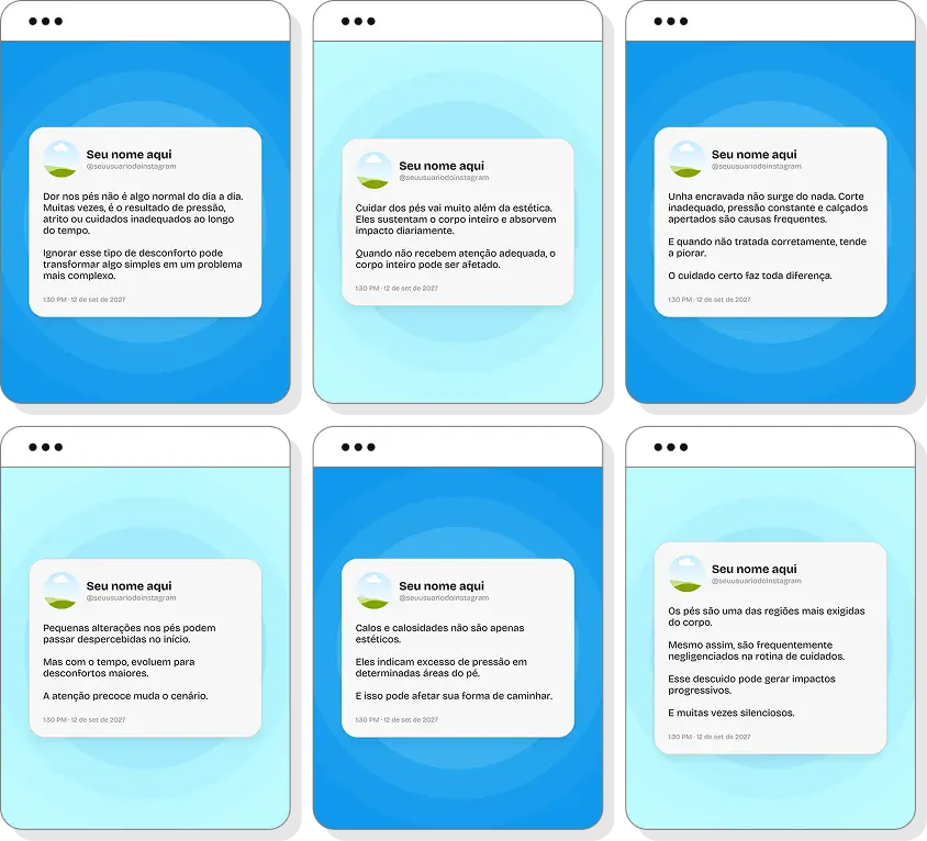 Pack de posts editáveis para Instagram podologia com foco em pés saudáveis e qualidade de vida
