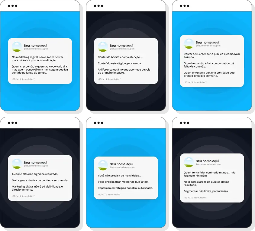 Pack de posts para social media com ideias de conteúdo para Instagram e redes sociais