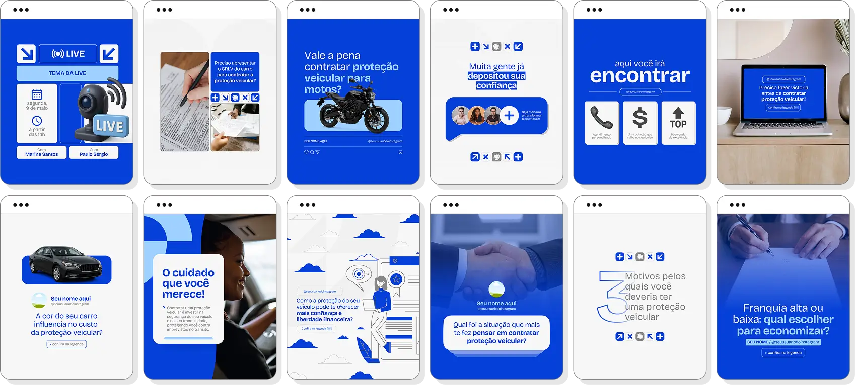 Pack de proteção veicular com conteúdos editáveis para Instagram de veículos e segurança
