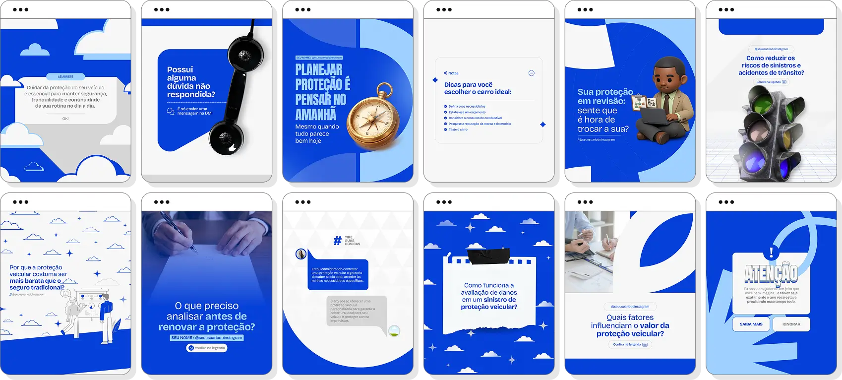 Pack social media proteção veicular com templates para Instagram de assistência e benefícios automotivos
