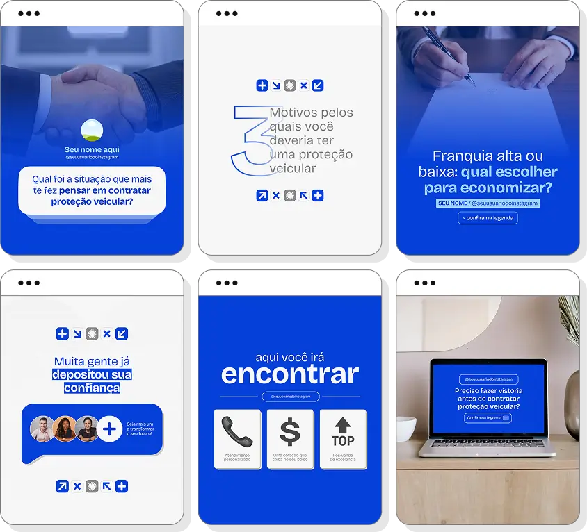 Pack Canva proteção veicular com ideias de posts para perfil de Instagram sobre veículos e proteção