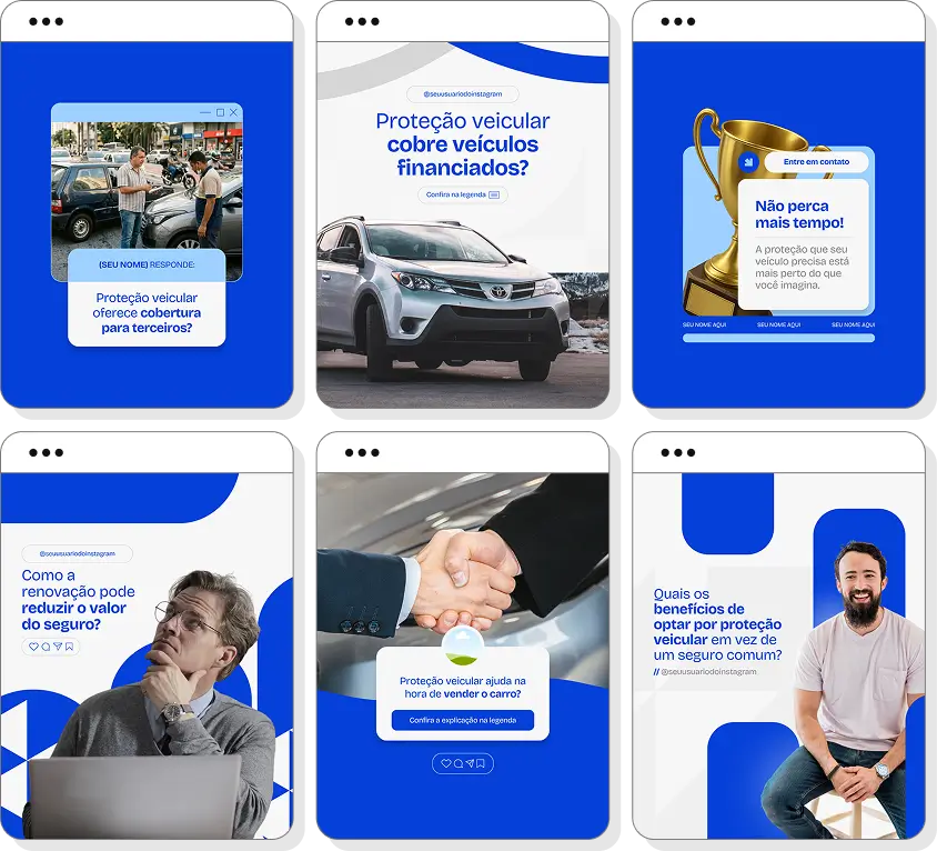 Pack de posts editáveis proteção veicular com foco em veículos, assistência e tranquilidade no trânsito