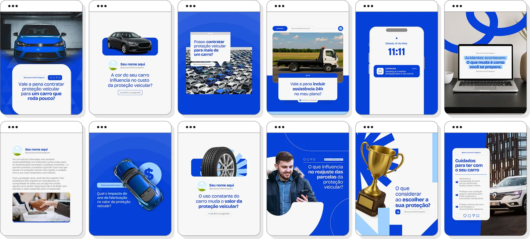 Pack de posts para proteção veicular com ideias de conteúdo para Instagram de veículos e segurança