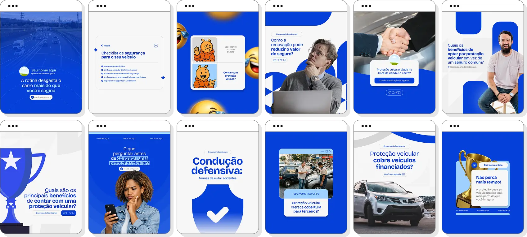 Posts para Instagram proteção veicular com pack de templates Canva para divulgação automotiva