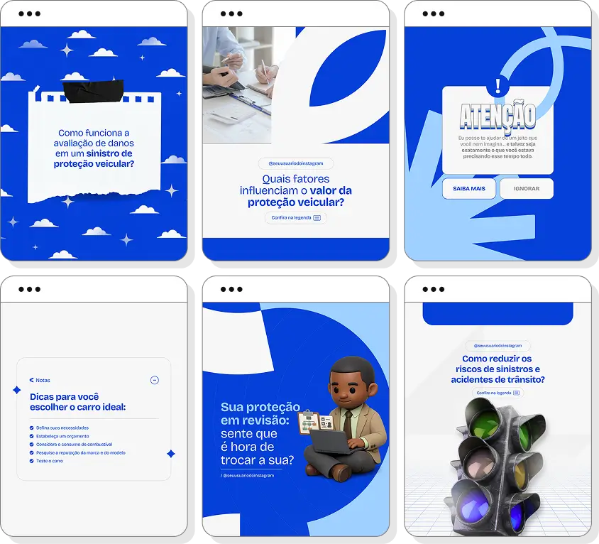 Posts para perfil de proteção veicular no Instagram com templates Canva sobre benefícios e assistência
