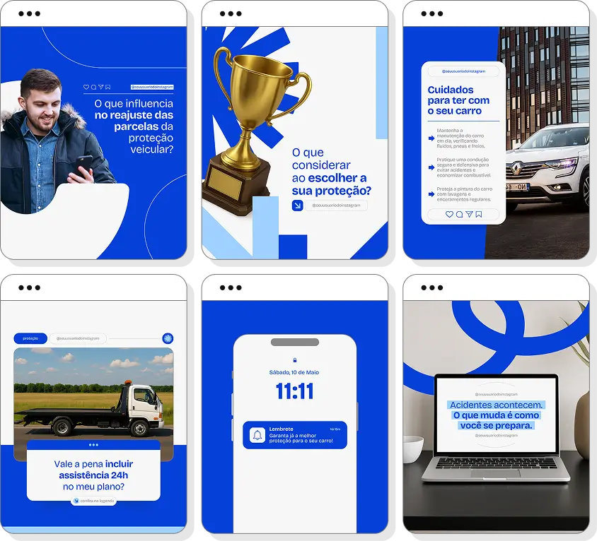 Pack social media proteção veicular com conteúdos para Instagram de veículos e assistência automotiva