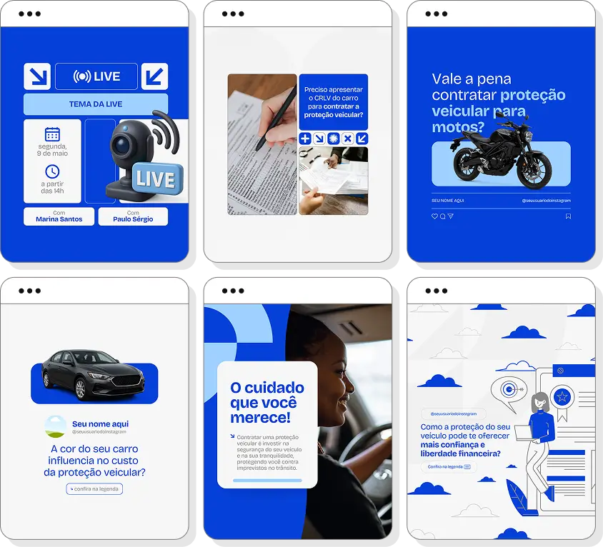 Pack de posts para Instagram proteção veicular com artes editáveis sobre segurança automotiva