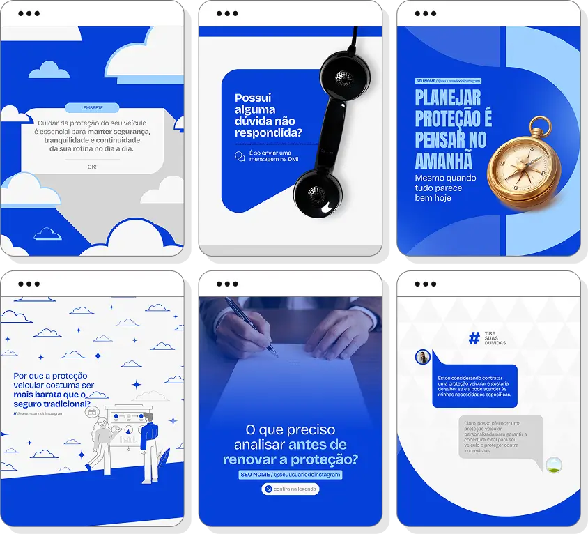 Pack de posts editáveis proteção veicular com Instagram de assistência automotiva e benefícios