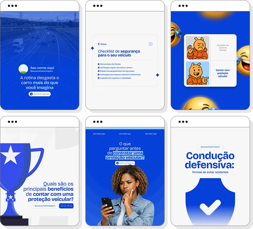 Pack Canva proteção veicular com posts para Instagram de benefícios e proteção para automóveis
