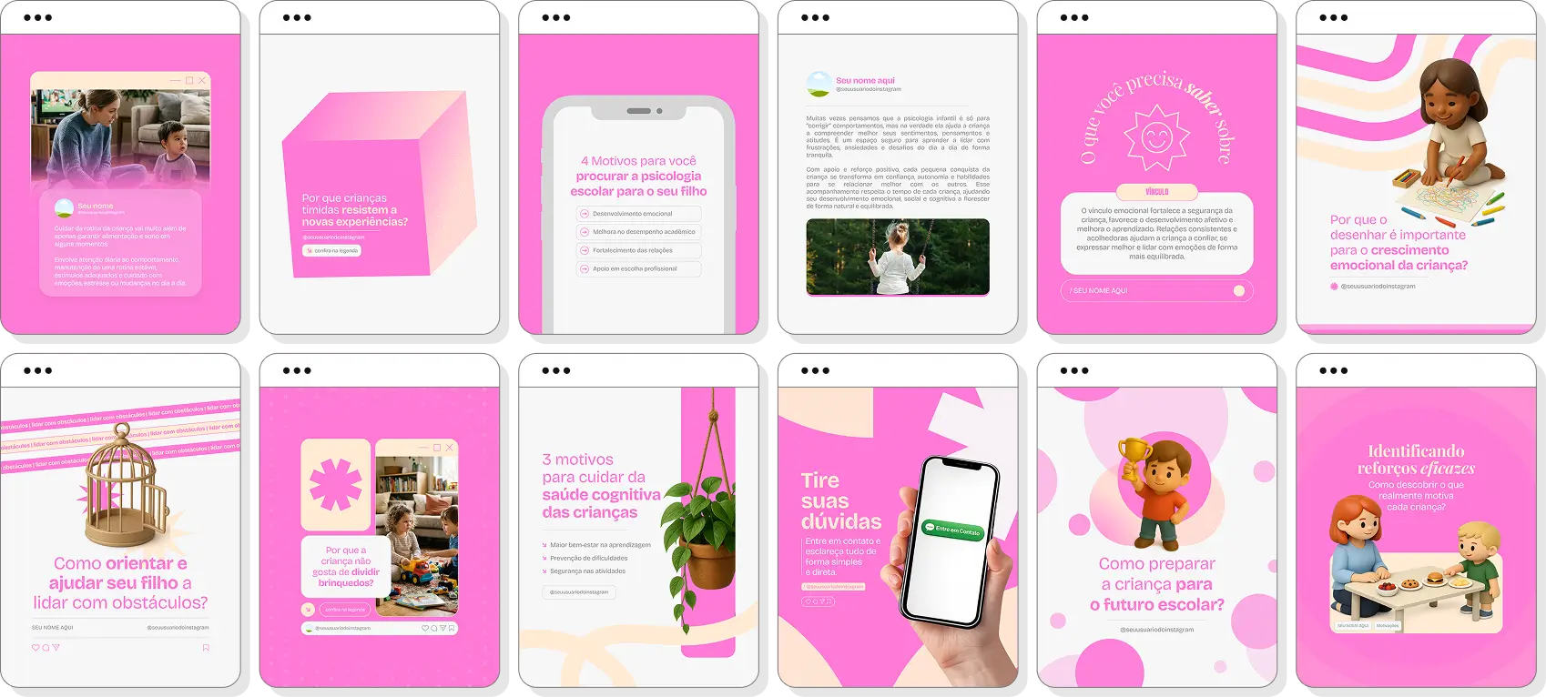 Social media para psicologia infantil com pack de posts editáveis no Canva para Instagram profissional