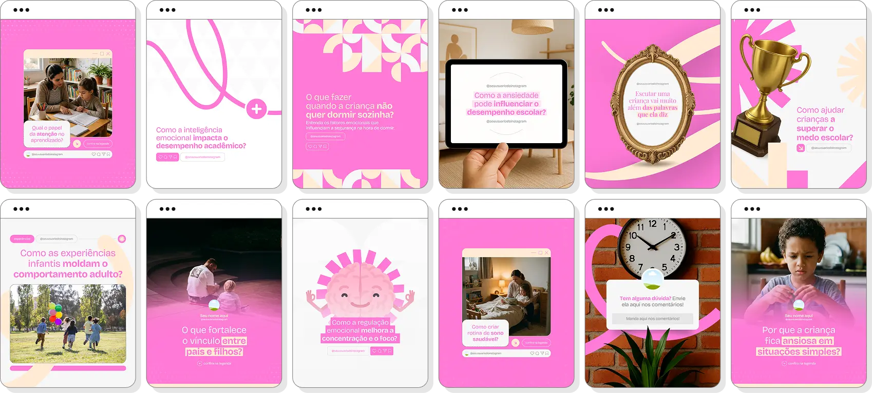 Pack de posts para psicologia infantil com ideias de conteúdo para Instagram de comportamento infantil
