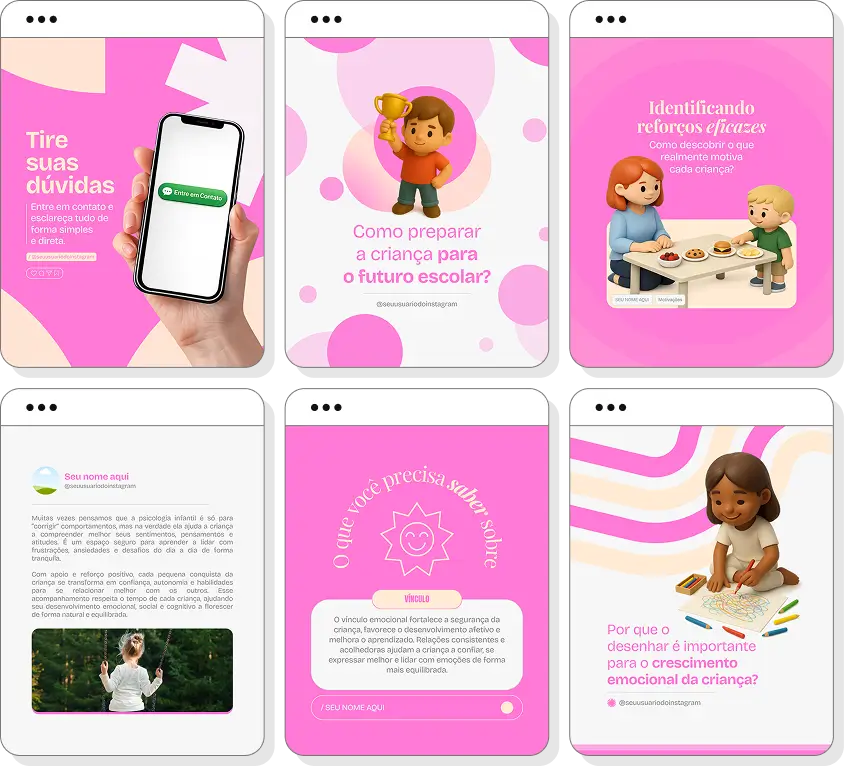 Pack Canva psicologia infantil com ideias de posts para perfil de Instagram sobre infância e emoções
