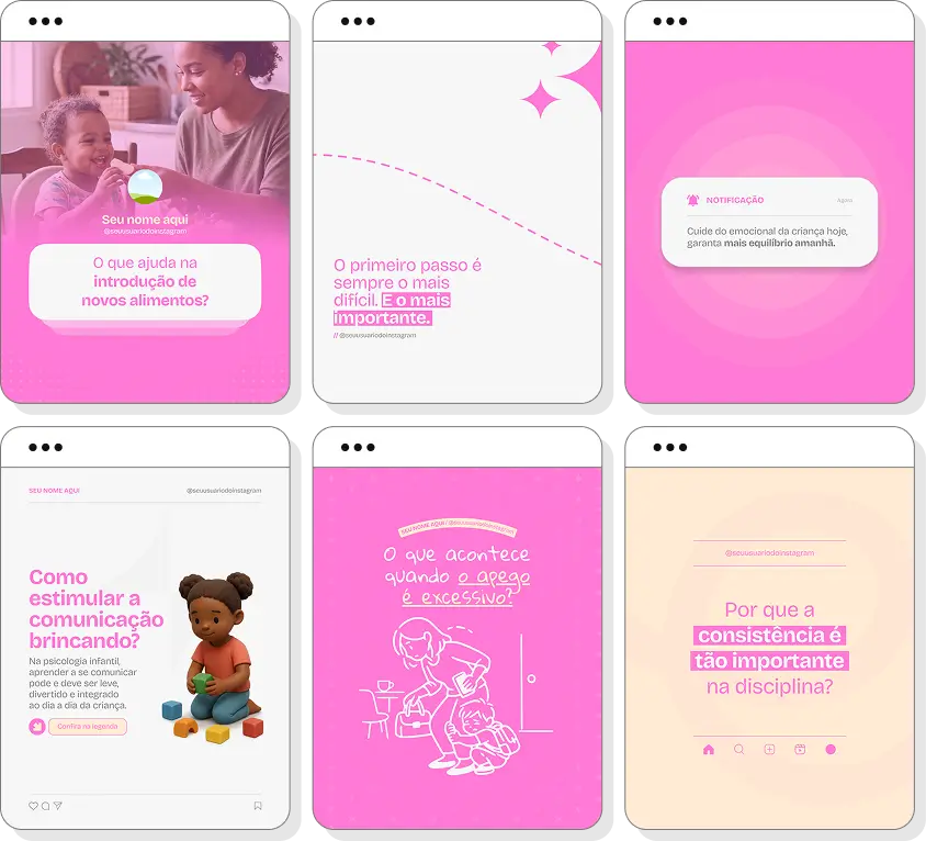 Pack de posts editáveis psicologia infantil com foco em comportamento, emoções e infância saudável