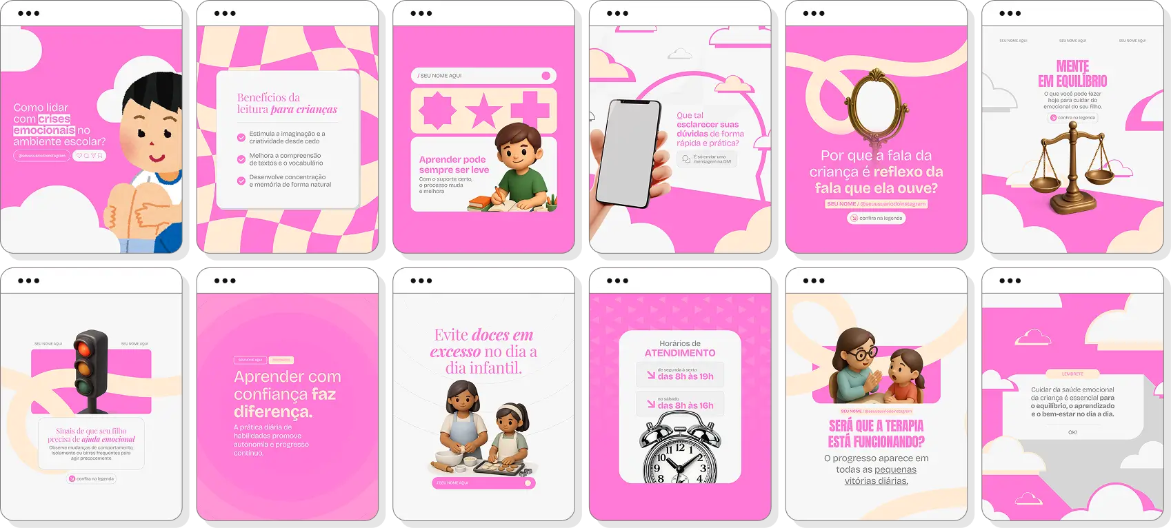 Pack social media psicologia infantil com templates para Instagram de emoções e desenvolvimento infantil