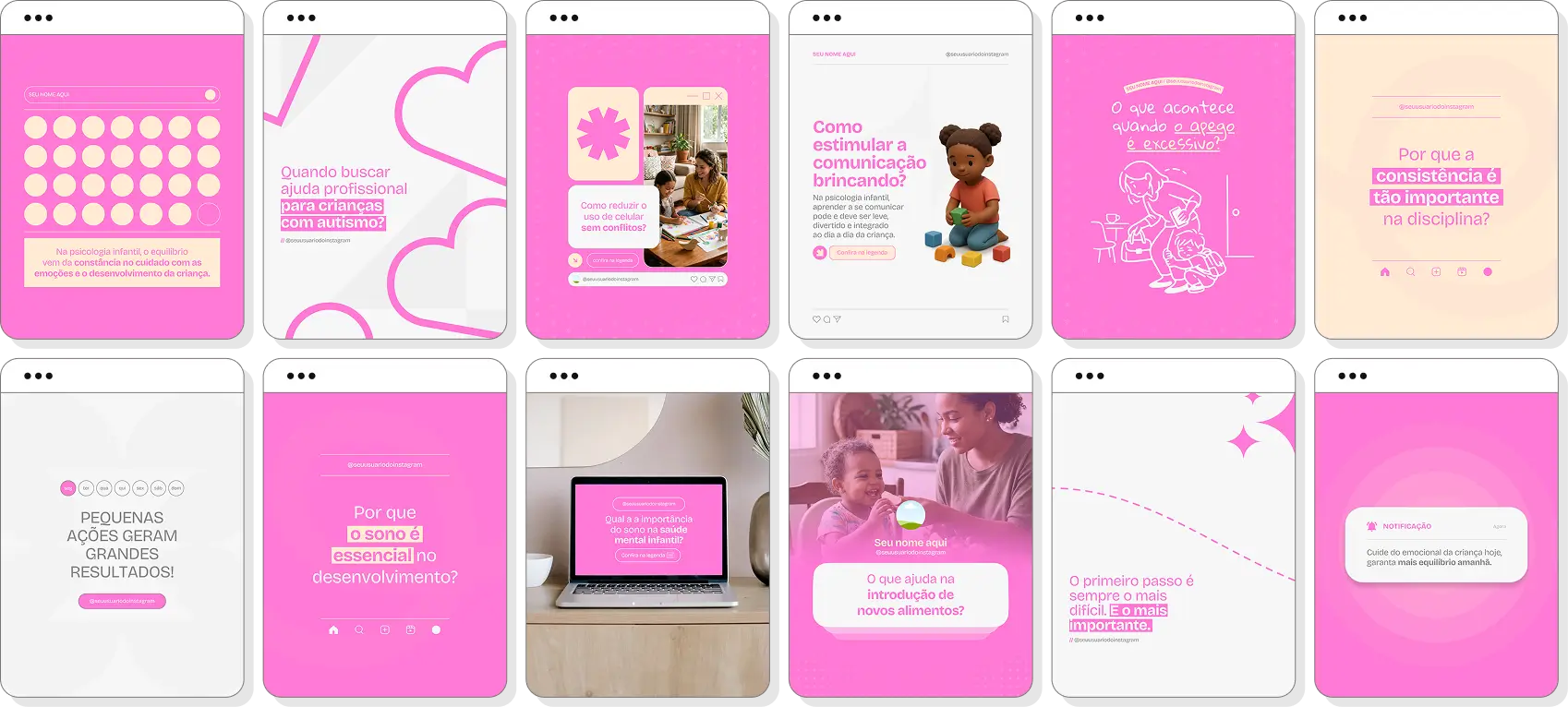 Posts para Instagram psicologia infantil com pack de templates Canva para psicólogos infantis