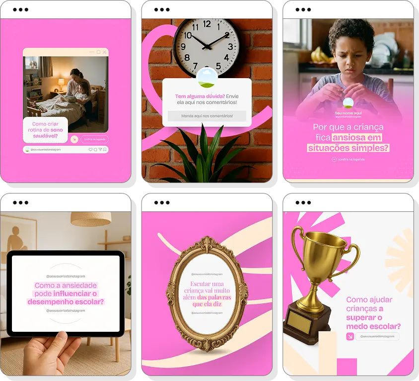 Posts para perfil de psicologia infantil no Instagram com templates Canva sobre comportamento infantil