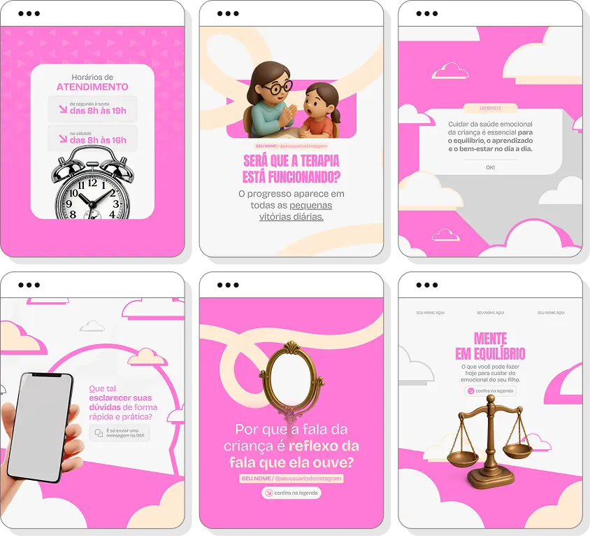 Pack de posts para Instagram psicologia infantil com artes editáveis sobre emoções e infância
