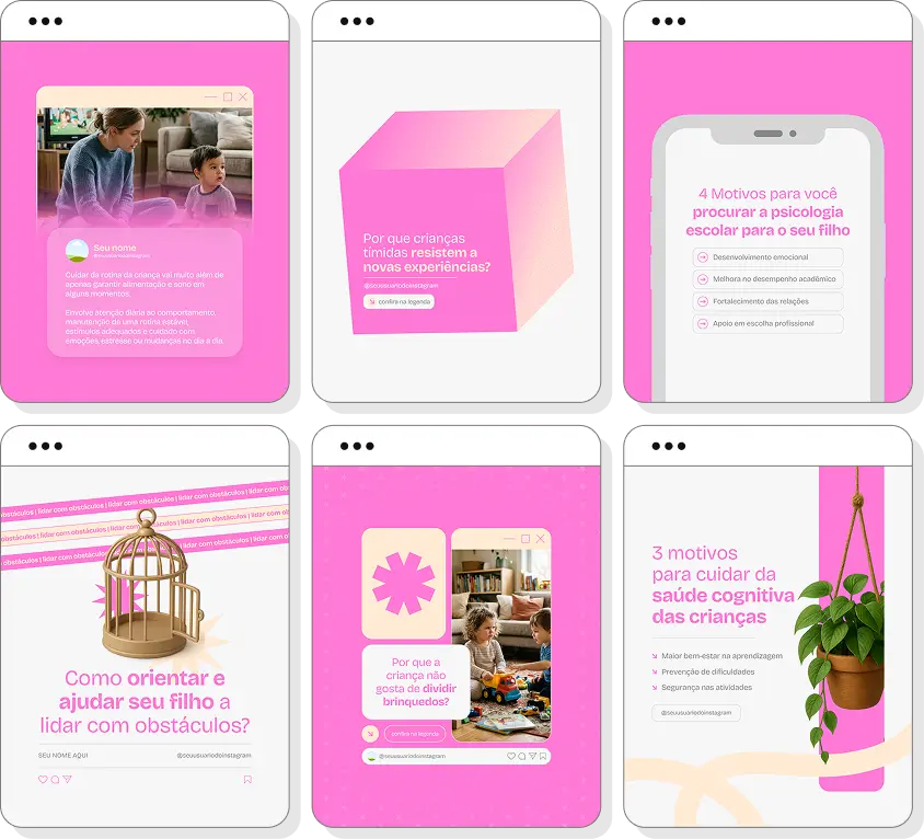 Pack social media psicologia infantil com conteúdos para Instagram de saúde emocional infantil