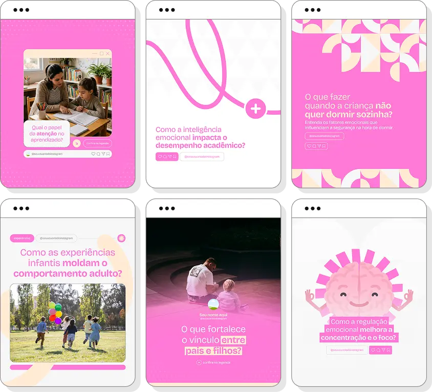 Ideias de post para psicologia infantil com pack de conteúdo para Instagram sobre infância e emoções