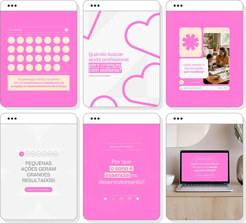 Pack Canva psicologia infantil com posts para Instagram de desenvolvimento infantil e comportamento
