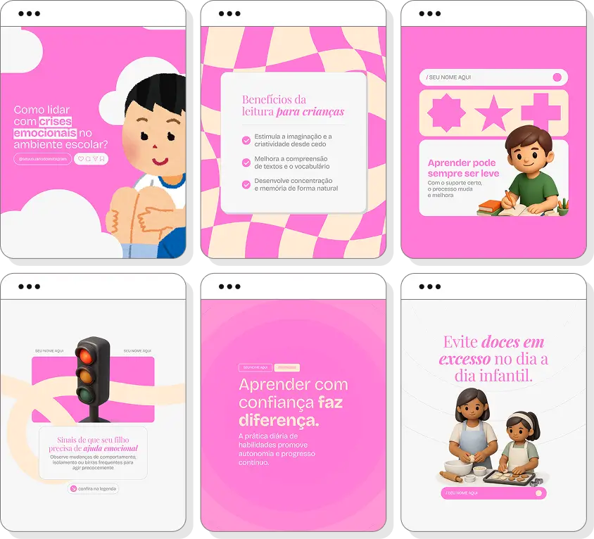 Pack de posts editáveis psicologia infantil com Instagram de saúde emocional e desenvolvimento infantil