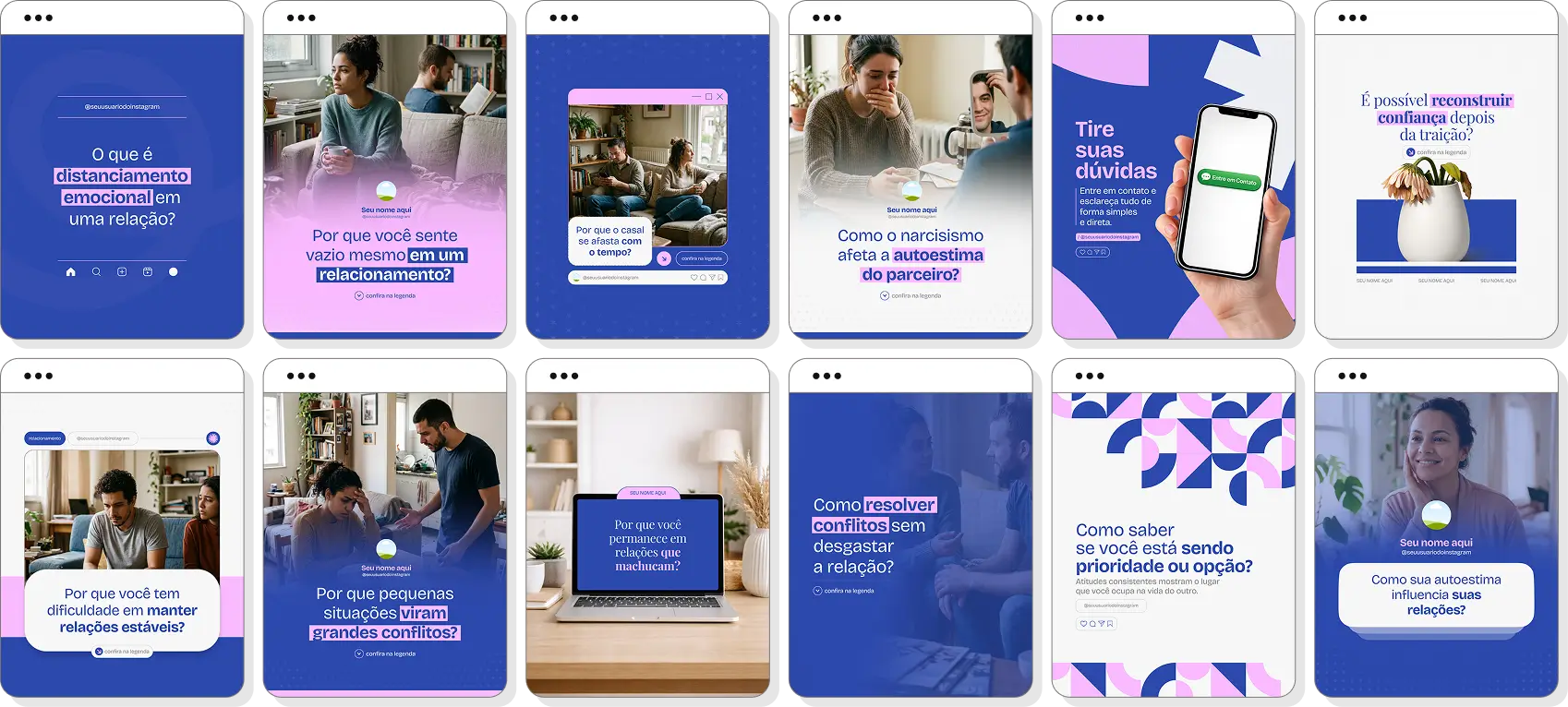 Pack Canva psicologia de relacionamento com posts para Instagram de diálogo e relacionamentos duradouros