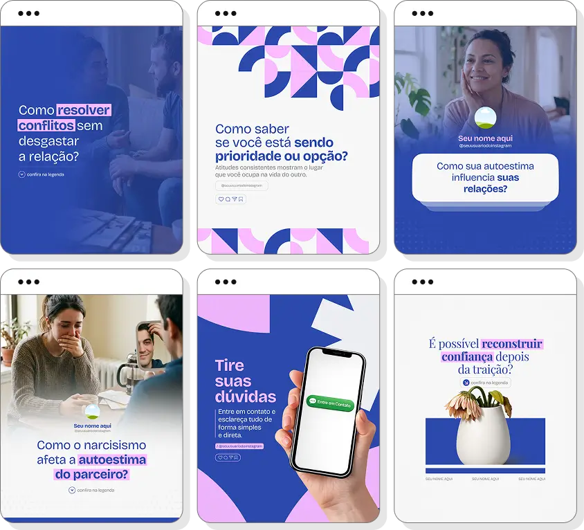 Pack de posts para psicologia de relacionamento com templates no Canva para Instagram sobre relacionamentos e emoções