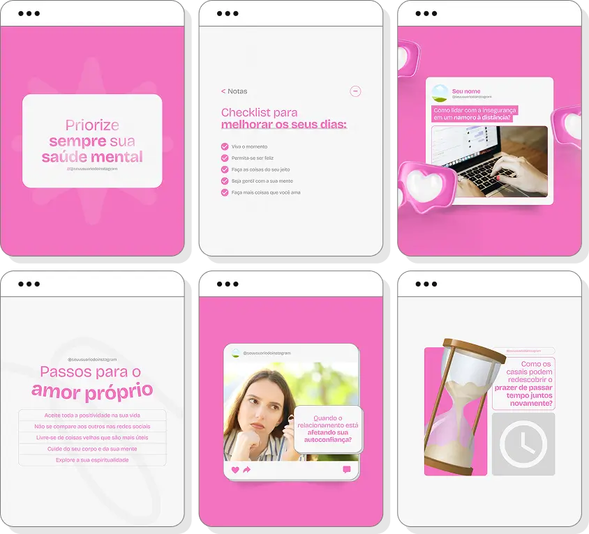 Pack Canva psicologia de relacionamento com posts editáveis para Instagram de vínculos afetivos e comunicação