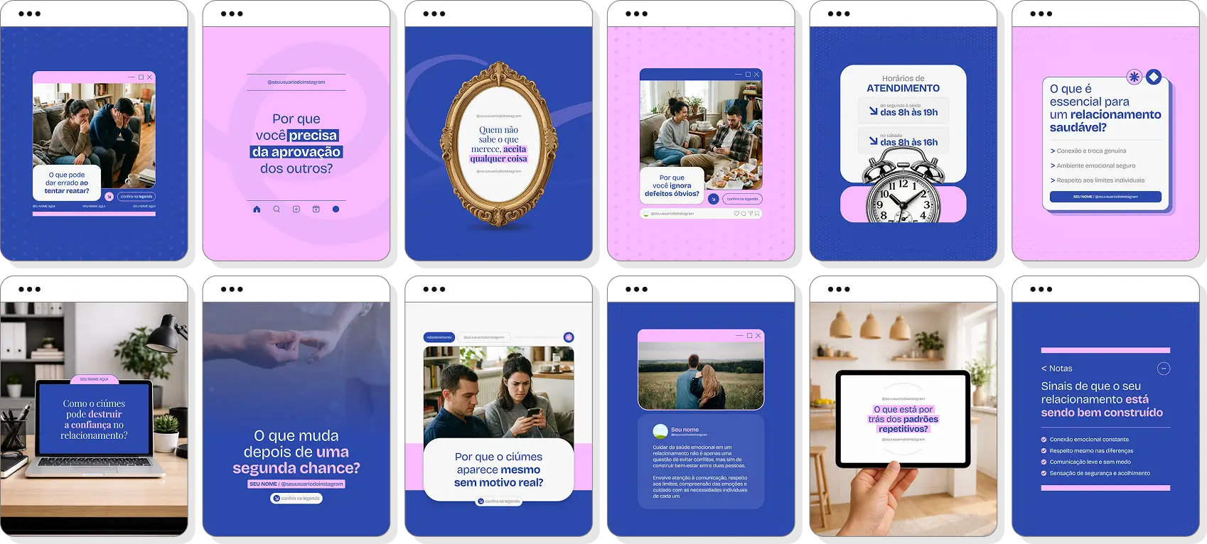 Pack social media psicologia de relacionamento com conteúdos para Instagram de relações afetivas e emoções