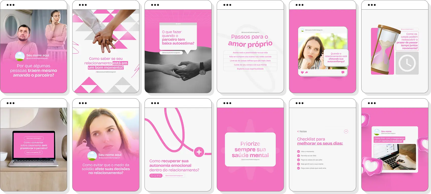 Pack de posts editáveis psicologia de relacionamento com Instagram de relacionamentos e comunicação saudável