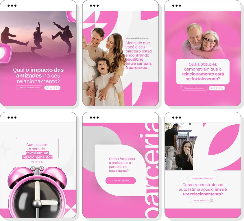 Pack Canva psicologia de relacionamento com ideias de posts para perfil de Instagram sobre vida amorosa