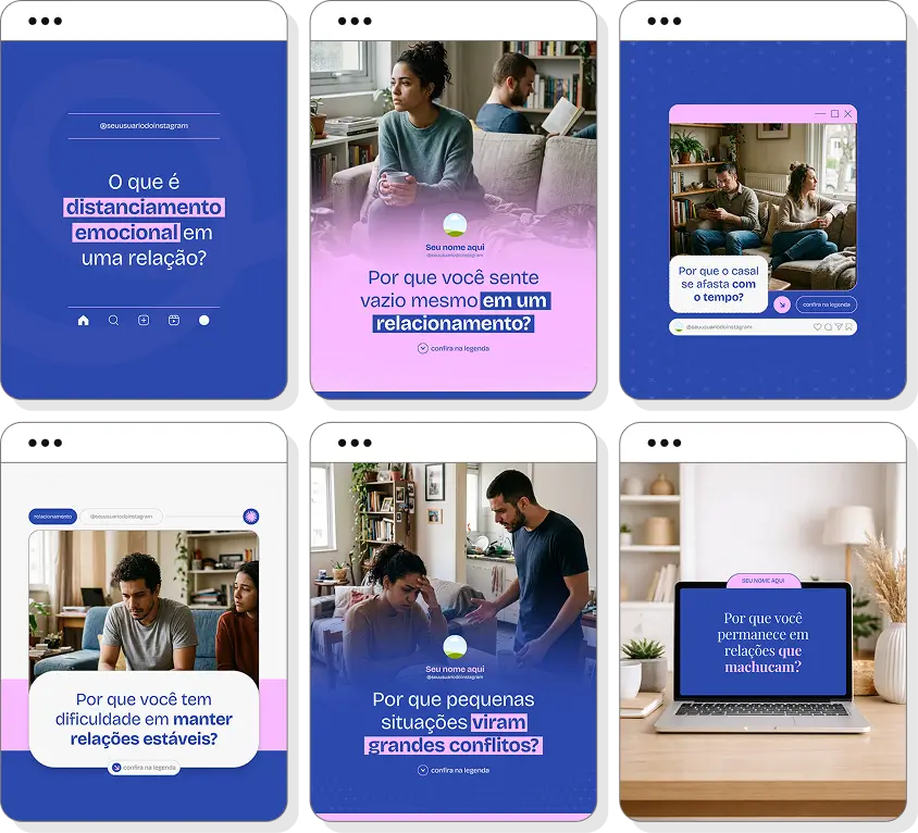 Pack de posts editáveis psicologia de relacionamento com foco em comunicação, vínculos e bem-estar emocional