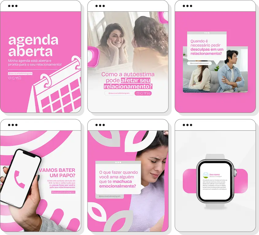 Social media psicologia de relacionamento com pack de posts para Instagram de relacionamentos e autoconhecimento