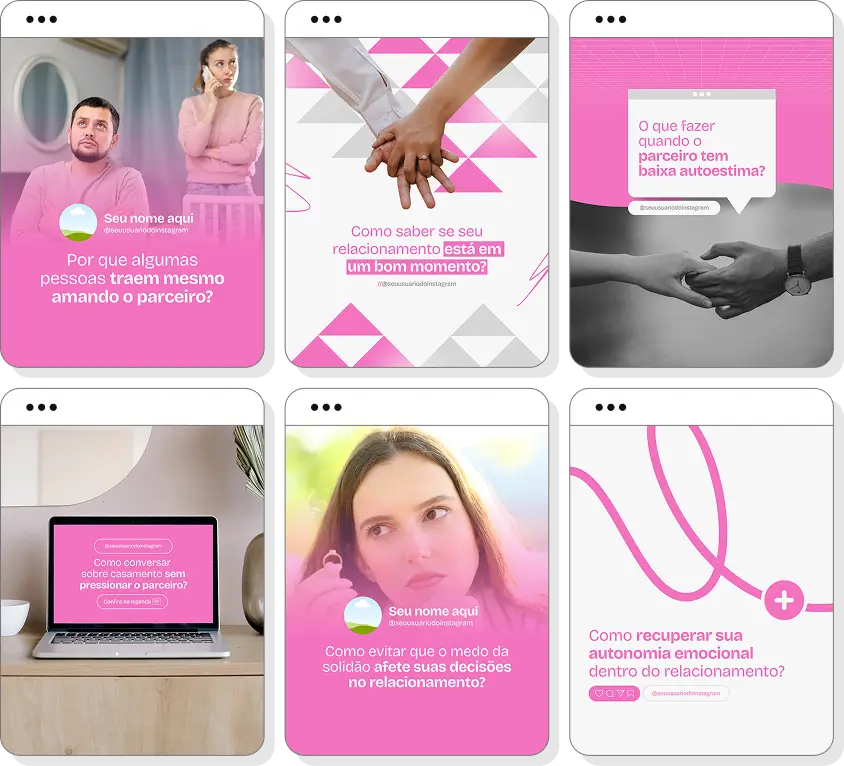 Pack de posts para Instagram psicologia de relacionamento com artes editáveis sobre vínculos saudáveis
